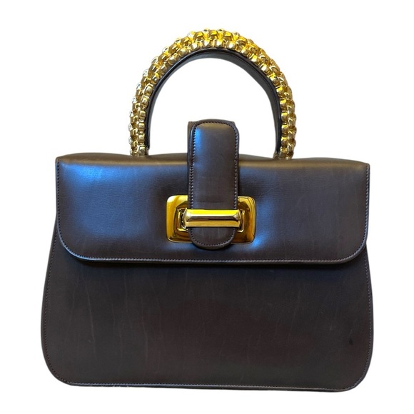 Vintage Saks Fifth Avenue | Chocolate Brown Leather Handbag with Gold Hardware - Picture 1 of 12